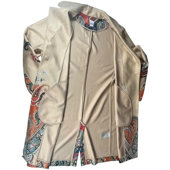 Chicos Paisley Long Swing Coat Boho Artsy Duster Jacket Travel Open Front Size3 - Picture 6 of 12